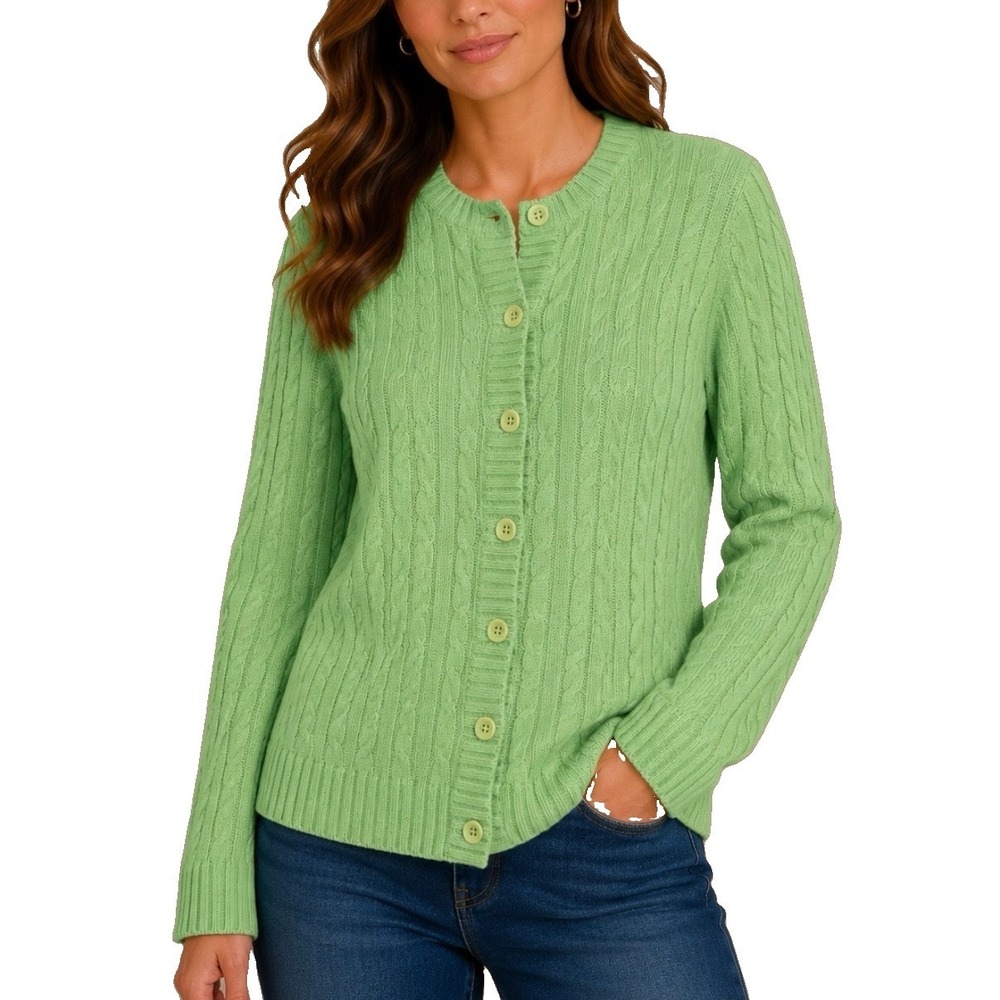 LL Bean Lime Green Cable Knit Cotton Button Up Cardigan Sweater Size LARGE